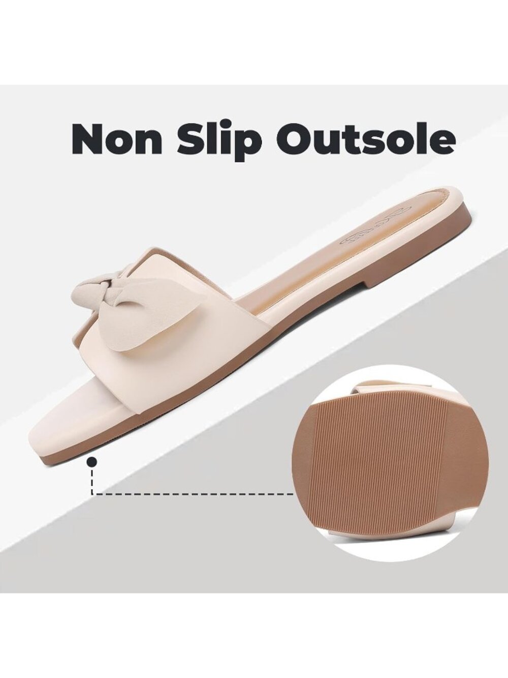 Women's Beige Summer comfort Square Open Toe Bow Bridal Slide Flat Sandals - Picture 5 of 7